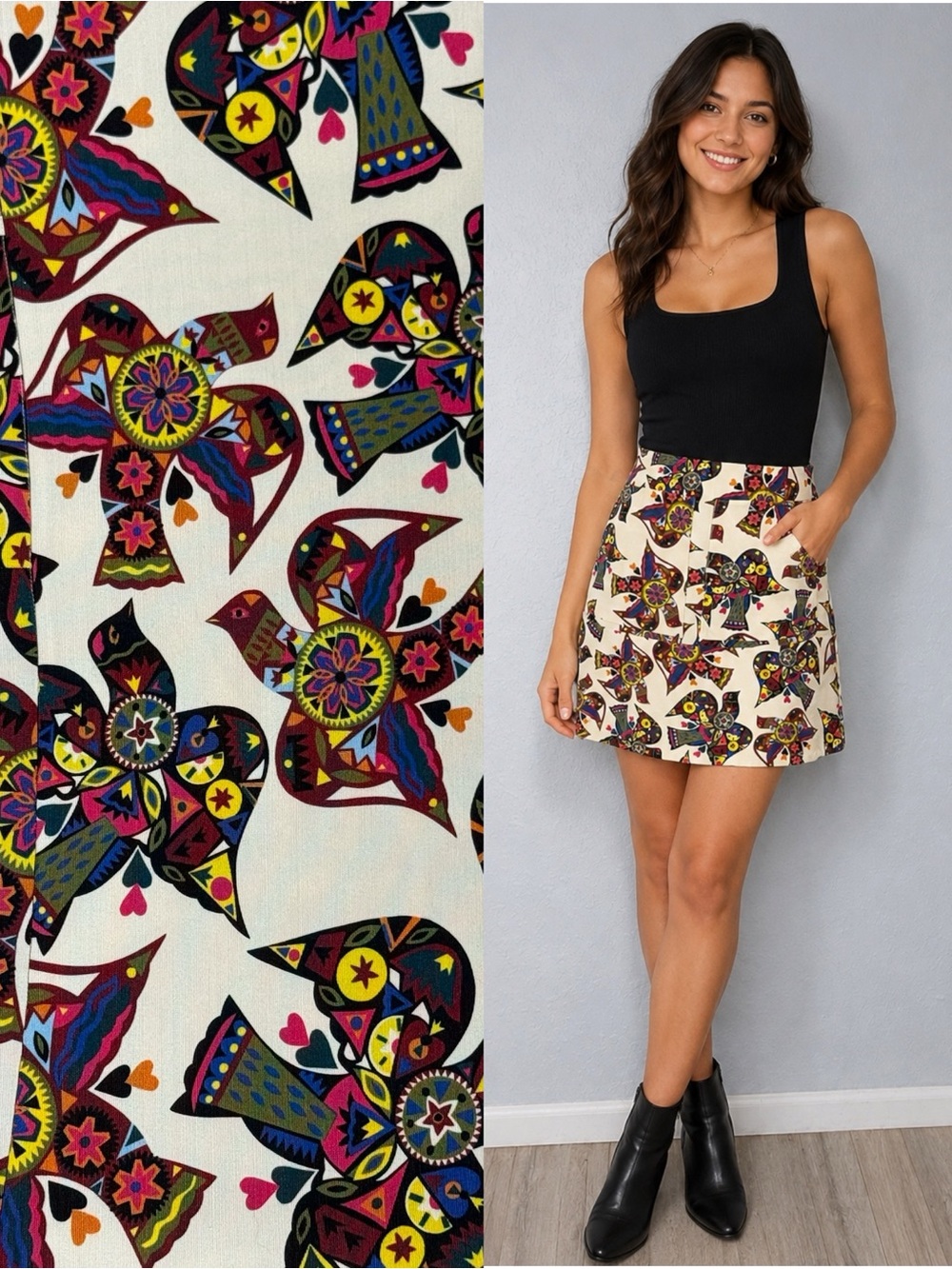 RARE La DoubleJ Edition 22 Folk Bird A-Line Retro Mod Mini Skirt - Size M NWOT